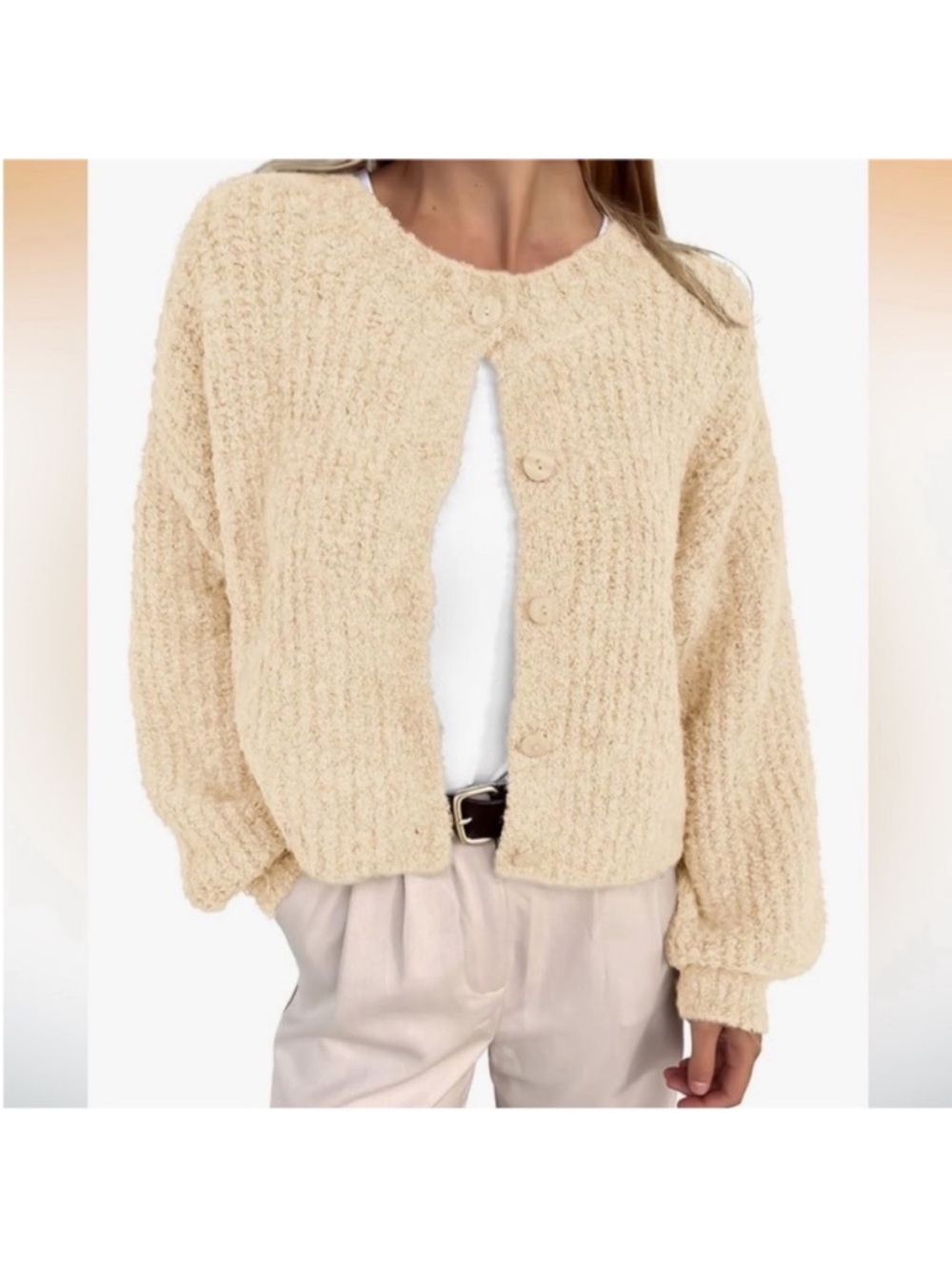 New Cream Boucle Button-Front Women's Sweater Cardigan